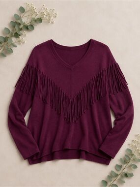 DKNY pullover V-Neck Fringe Sweater